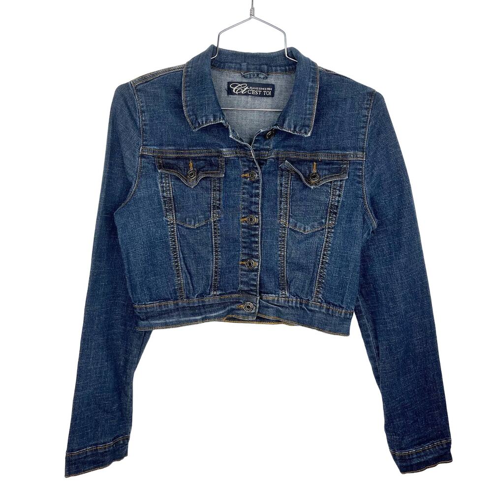 VTG C'EST TOI Blue Medium‎ Wash Denim Cropped Basic Jean Jacket Sz Large